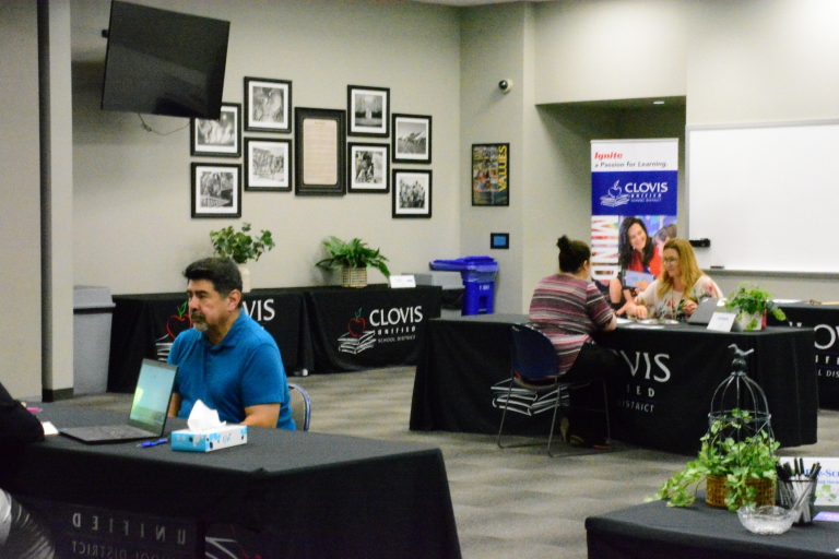 Attendees at the Special Education Job Fair provide paperwork and interview for instructional assistant and paraprofessional jobs within the Clovis Unified School District (photo by Hannah-Grace Leece, Clovis Roundup).