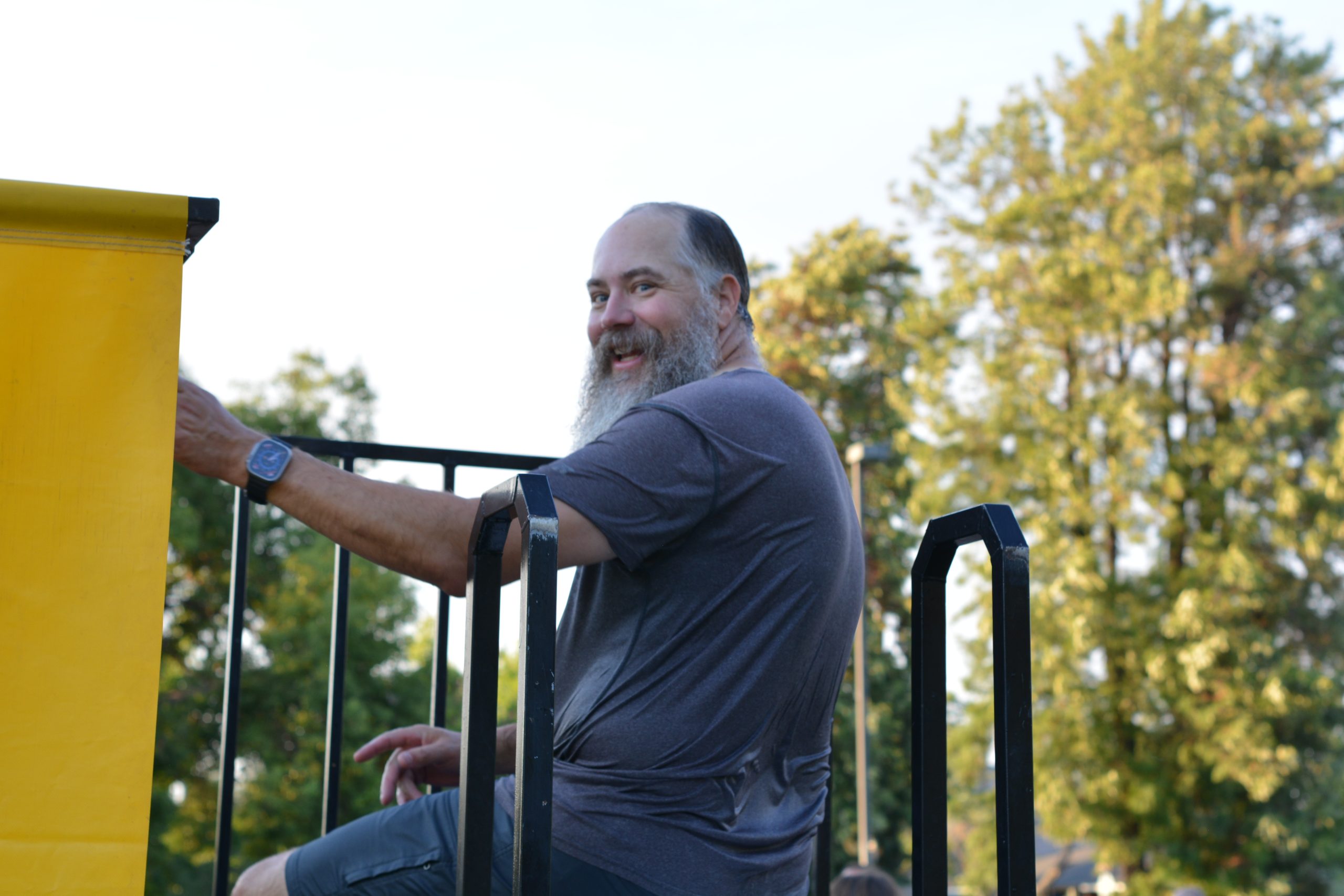 Pastor David Williams of Faith Community Church of the Nazarene after being dunked several times in the dunk tank at the Community Fireworks Party (photo by Hannah-Grace Leece, Clovis Roundup).