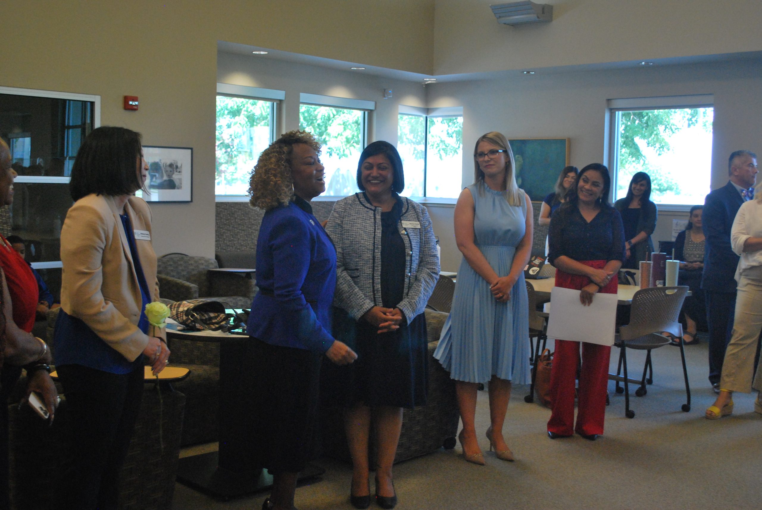 Dr. Kim E Armstrong, President of Clovis Community College, welcomes Dr. Monica Chahal, the new Interim President, at the Welcome Reception for the College Executive Leadership Team (Photo by Hannah-Grace Leece, Clovis Roundup). 