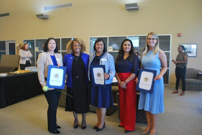 Guests of honor at the Welcome Reception for the College Executive Leadership Team at Clovis Community College (Photo by Hannah-Grace Leece, Clovis Roundup). From left to right: Kimberly Duong (Vice President of Administrative Services), Dr. Kim E Armstrong (President of Clovis Community College), Dr. Monica Chahal (Interim President), Maricela Ortiz (Field Representative for the California State Assembly), and Kira Tippins (Vice President of Student Services).