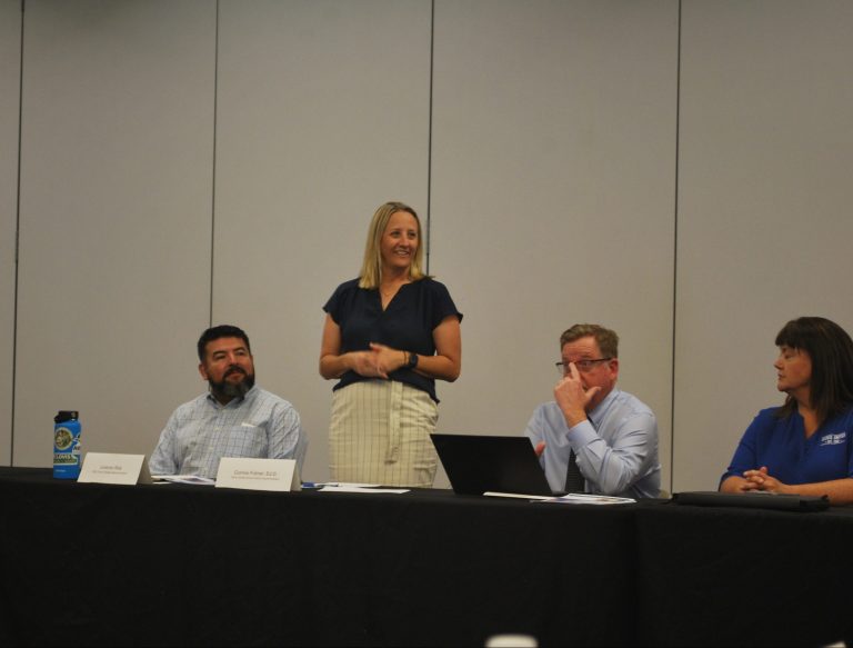 Clovis Unified Superintendent Dr. Corrine Folmer addresses veteran service organizations at the Veterans Roundtable meeting on September 3rd (photo by Hannah-Grace Leece, Clovis Roundup). From left to right: Clovis Veterans Memorial District CEO Lorenzo Rios, Dr. Corrine Folmer, Clovis Unified Associate Superintendent of Administrative Services Mr. Michael Johnston, and Clovis Unified Chief Communication Officer Kelly Avants.