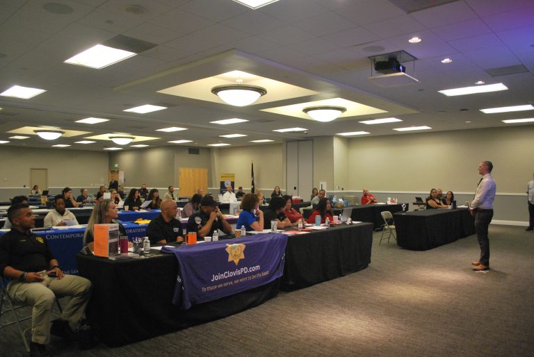 One of the interviewees at the Strategic Veterans Hiring Fair presenting to potential employers (photo by Hannah-Grace Leece, Clovis Roundup).